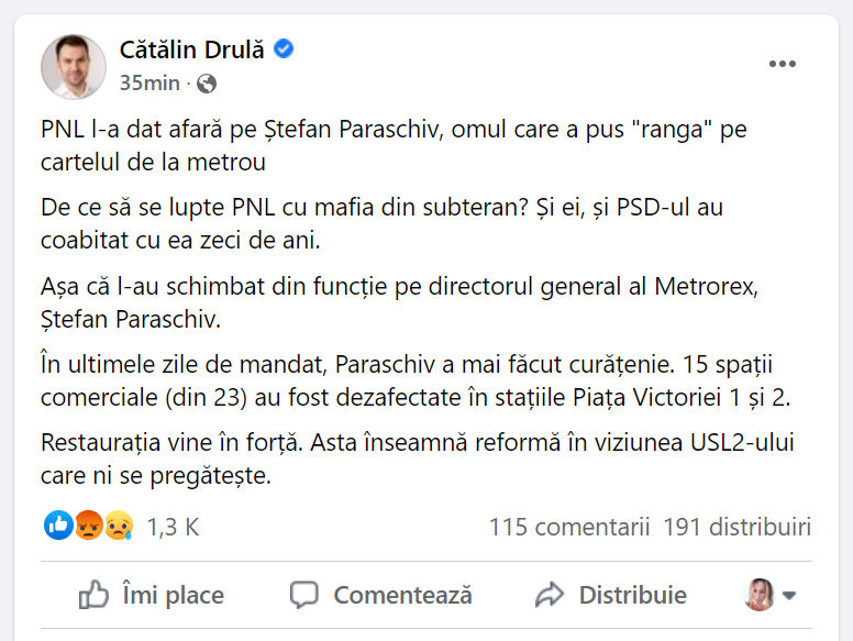 Directorul Metrorex a fost demis, iar  Cătălin Drulă a transmis un mesaj pe Facebook