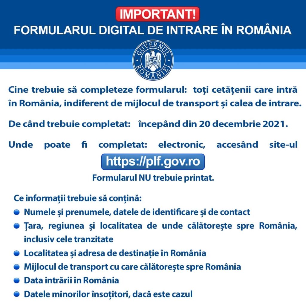 Formularul digital de intrare în România intră în vigoare la 20decembrie