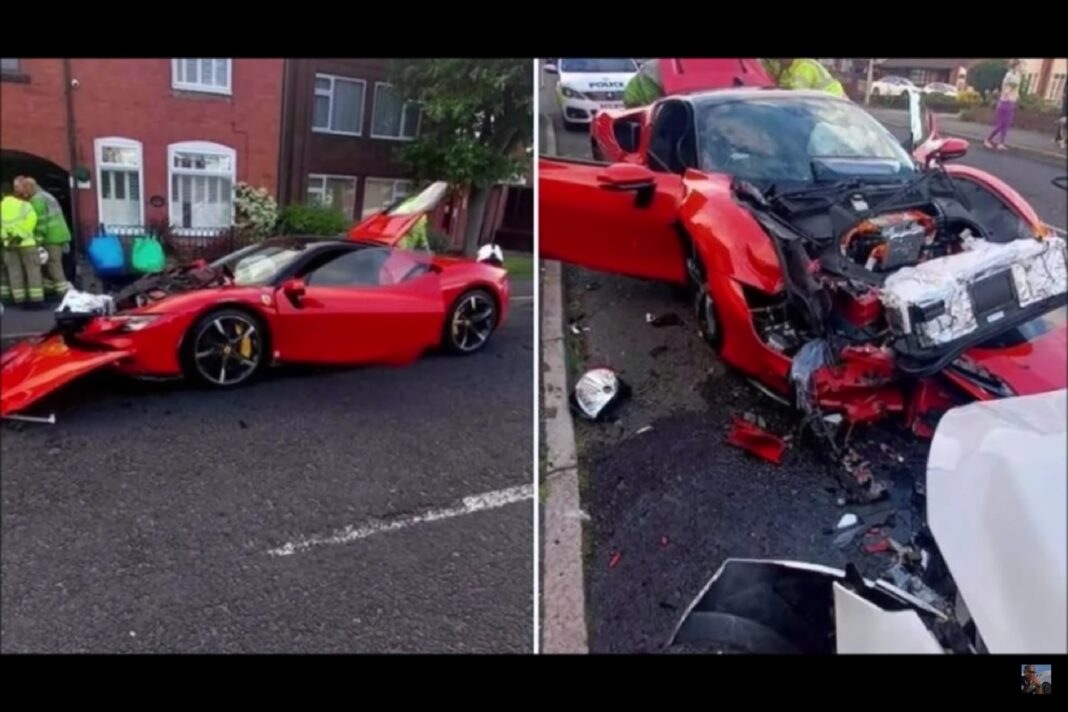 Momentul șocant în care un Ferrari în valoare de 500.000 de lire sterline, intră în 3 mașini parcate