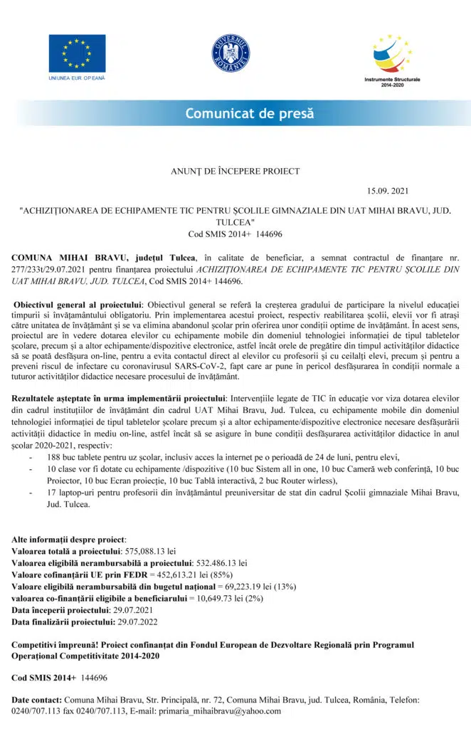 ACHIZIȚIONAREA DE ECHIPAMENTE TIC PENTRU ȘCOLILE GIMNAZIALE DIN UAT MIHAI BRAVU, JUD. TULCEA