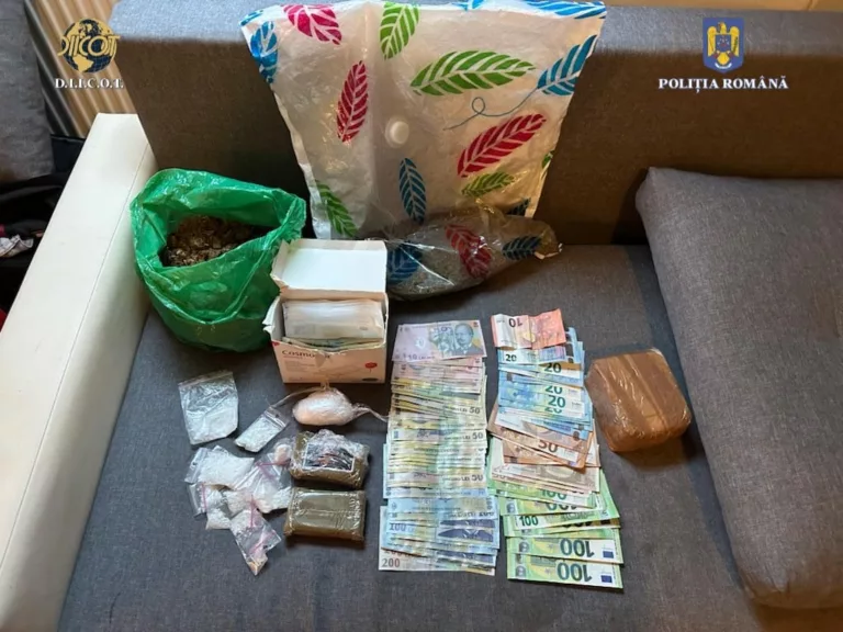 Percheziții la o rețea de trafic de droguri din Timișoara. Au fost descoperite 1 kg de canabis, 800 de grame hașiș, 70 de grame cocaină și 20 de grame de cristal