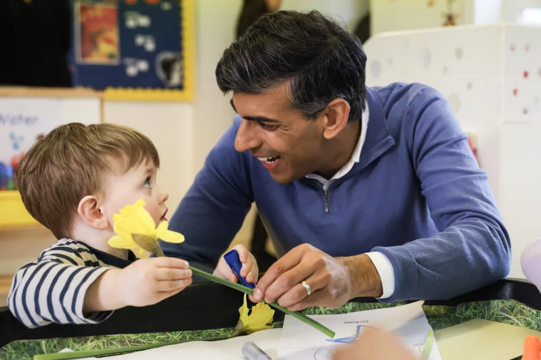 02/04/2024. Hartlepool, United Kingdom. Prime Minister Rishi Sunak meets children as he visits Aldersyde Nursery. Picture by Simon Dawson / No 10 Downing Street
