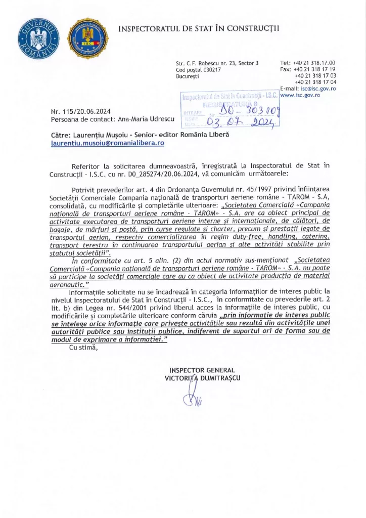 Scrisoare oficială de la Inspectoratul de Stat în Construcții