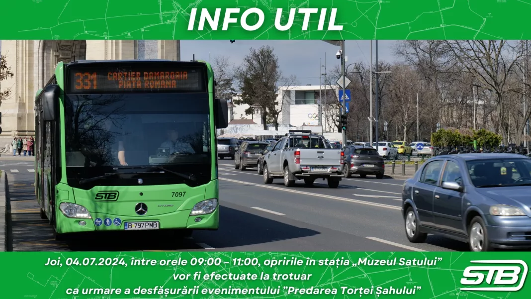 Autobuz verde STB în trafic, București, zi însorită