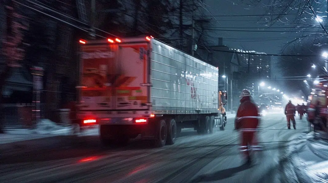 Camion în viteză pe stradă iarna, noaptea