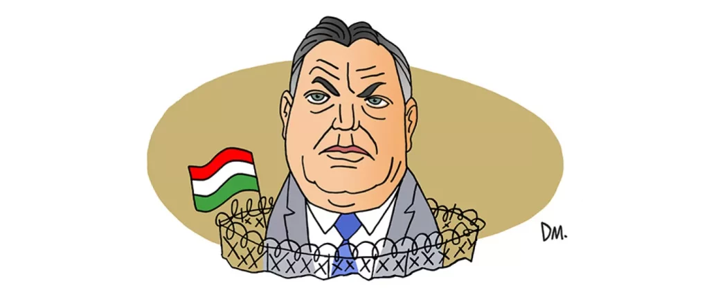 Caricatură bărbat cu steag Ungaria și sârmă ghimpată.