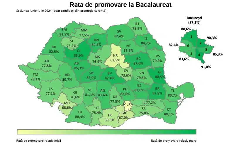 Hartă România, ratele de promovare la Bacalaureat 2024