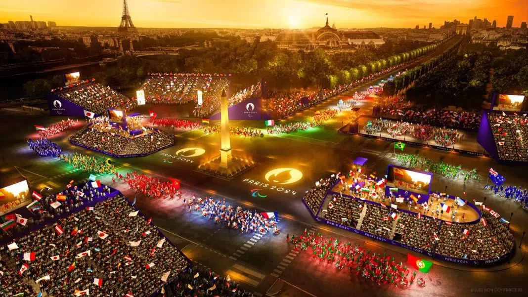 Paradă colorată la Paris 2024, cu Turnul Eiffel