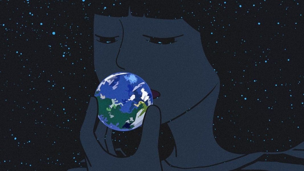 Ilustrație cu femeie ținând globul pământesc. / viața pe pământ studiu