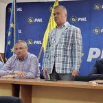 Bărbați într-o sală cu sigla PNL și a UE