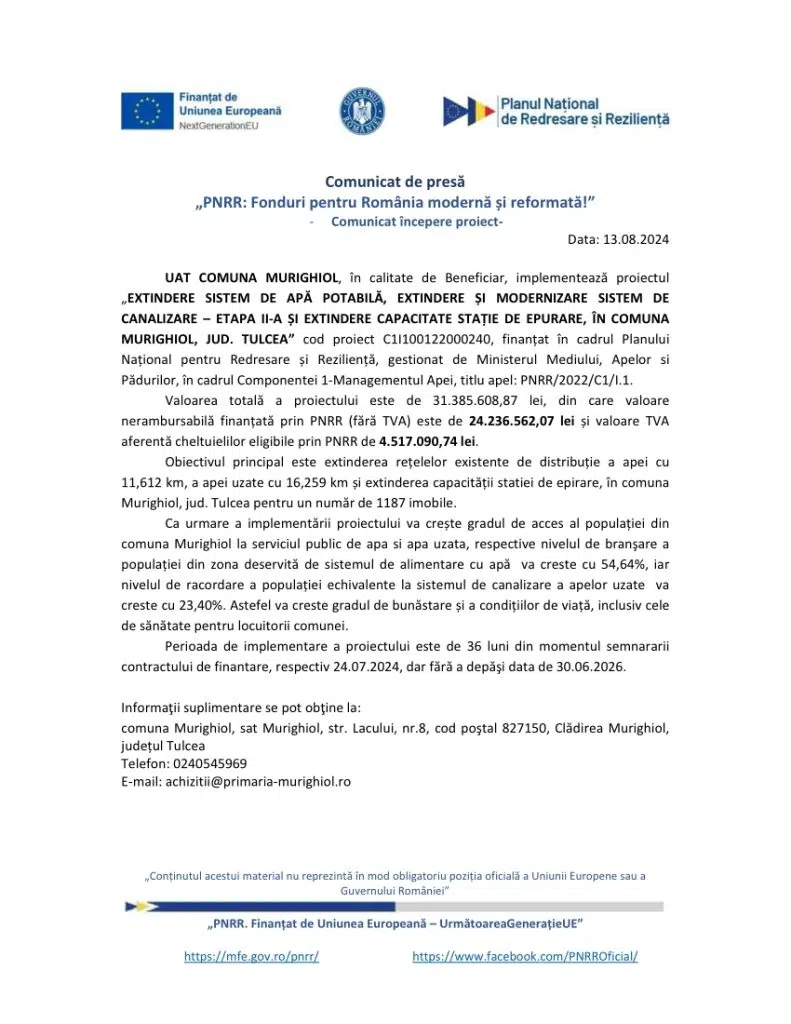 Document oficial despre finanțarea unui proiect prin PNRR