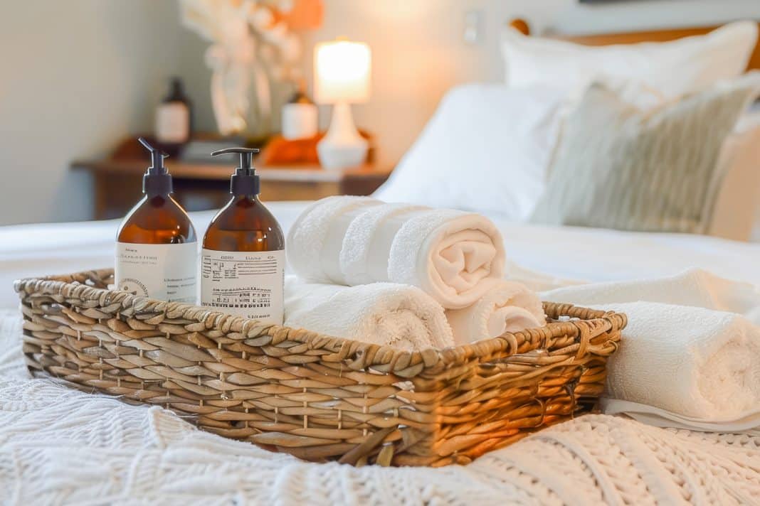 prosoape și săpunuri într-o cameră de hotel