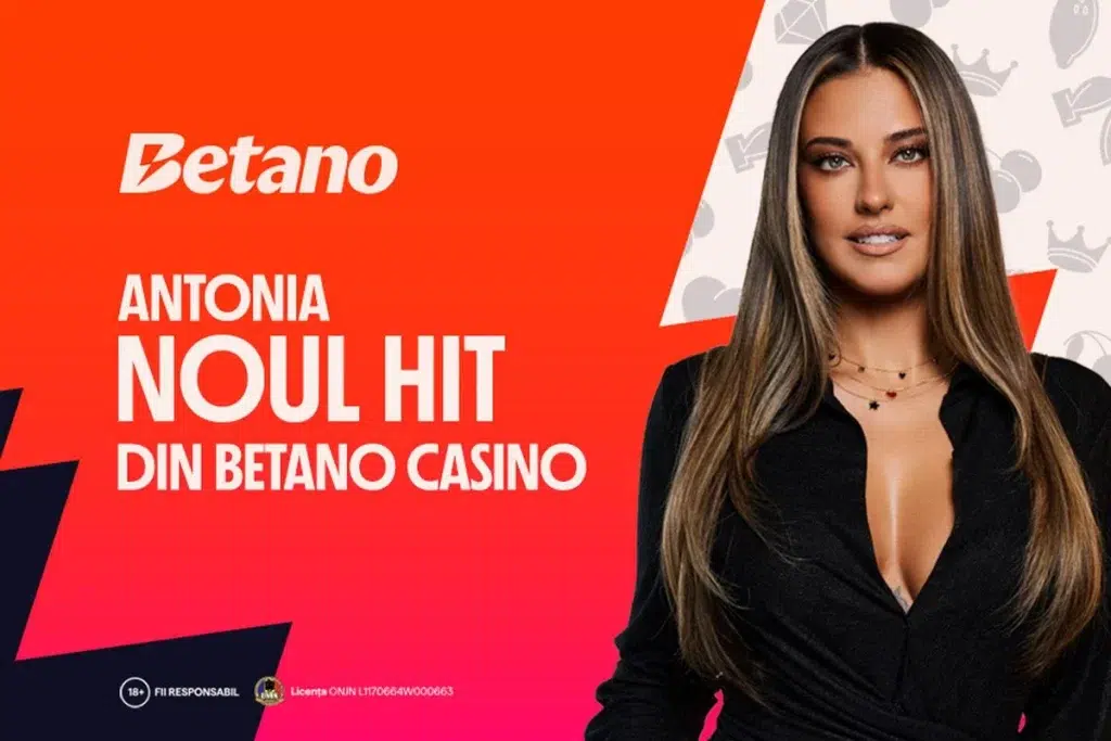 Antonia promovând Betano Casino într-un banner colorat