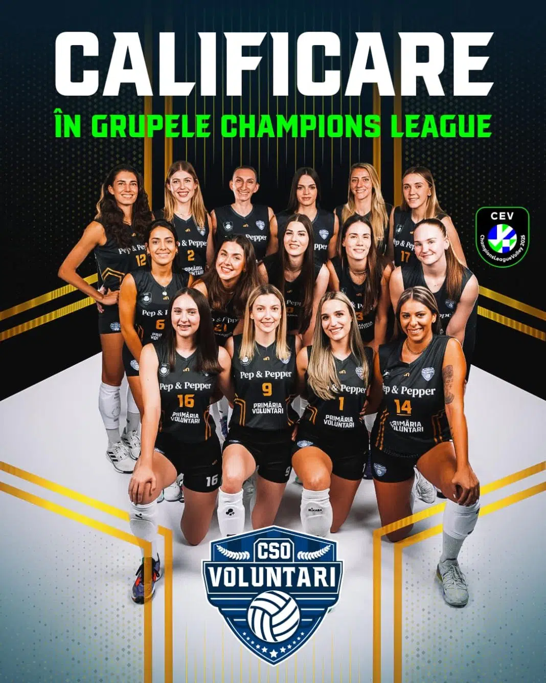 Echipa de volei CSO Voluntari celebrând calificarea în Liga Campionilor.