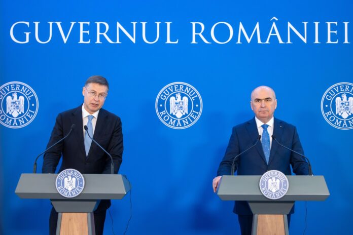 Conferinta de presă comună Bolojan- comisarul european pe economie Dombrovskis Conferinta de presă comună Bolojan- comisarul european pe economie Dombrovskis